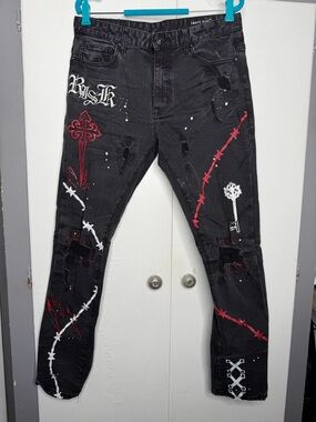 Smoke Rise NY Distressed Graphic Patched Denim Jeans Men 34x32 Grunge Hip Hop